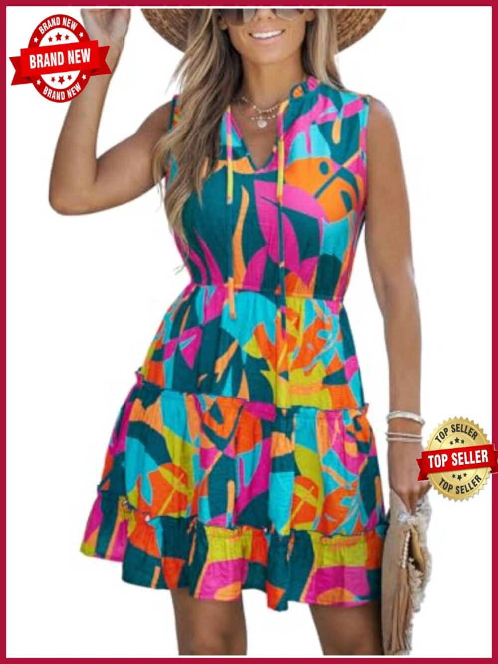 Women's V-Neck Sleeveless Tiered Ruffle Mini Dress